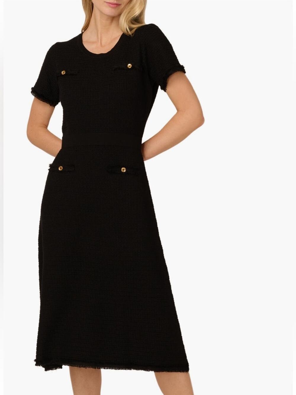 ADRIANNA PAPELL Black Waffle Short-Sleeve Midi Dress